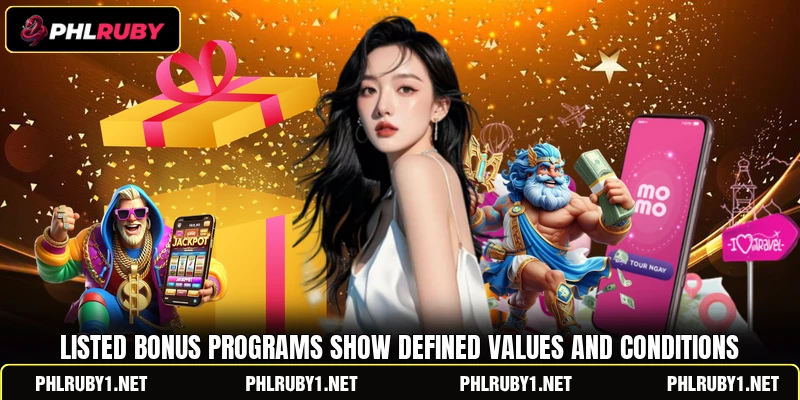 Listed bonus programs show defined values and conditions Listed bonus programs show defined values and conditions